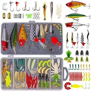 Fishing Lures Kit for Freshwater Bait Tackle Kit for Bass Trout Salmon Fishing Accessories Tackle Box Including Spoon Lures Soft Plastic Worms Gifts for Men