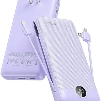 VRURC Portable Charger 20000mAh, Fast Charging Power Bank USB C,4 Output 2 Input Travel Essentials Charging Bank Equipped with LED Display,Built-in Wall Plug and Cables,Phone Charger Battery,Purple