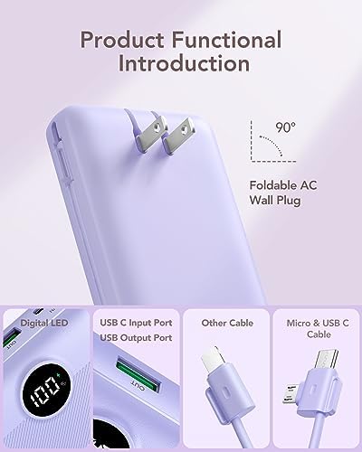 VRURC Portable Charger 20000mAh, Fast Charging Power Bank USB C,4 Output 2 Input Travel Essentials Charging Bank Equipped with LED Display,Built-in Wall Plug and Cables,Phone Charger Battery,Purple - Image 2